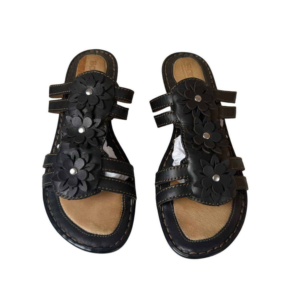 Born Black Leather Wedge Sandals Flowers Size 10 Neutral Casual Minimalist Boho